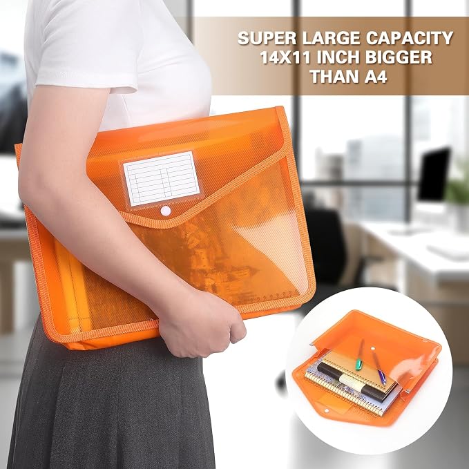 Tamaki Plastic Expanding File Folder, Fit Letter/A4 Size, Orange, 1 Pack | Transparent envelopes with Snap Closure, No Dividers, Large Capacity