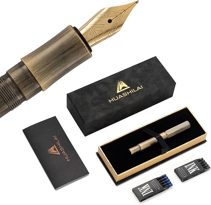 Luxury Solid Brass Fountain Pen Set for Writing & Calligraphy - Choose Antique or Matte Black Finish. Includes 10 Ink Cartridges & Premium Gift Box (Fine Nib, Antique Brass)