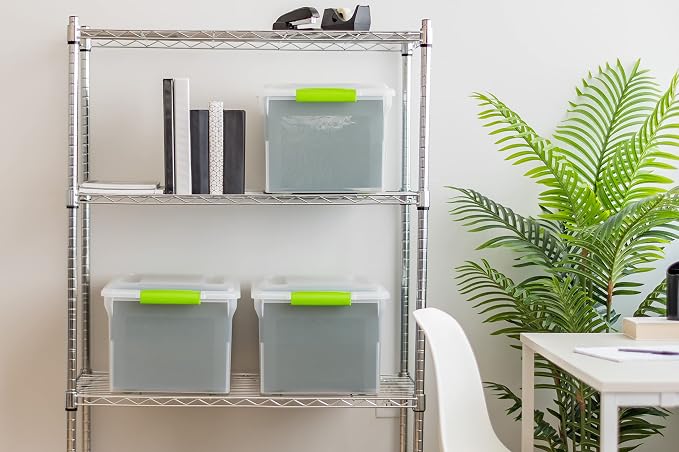 IRIS USA 4-Pack 35 Qt. File Box Organizer with Lid, Clear | Store documents and supplies with a secure closure, easy access, and organized storage for home or office use