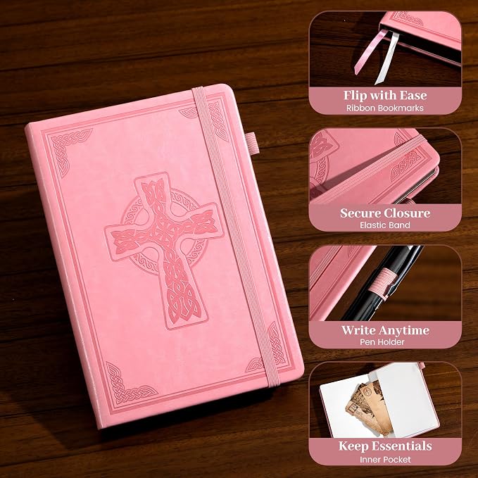 CAGIE Leather Lined Journal Notebook for Men & Women, Debossed Cross, 320 Pages 100 GSM Thick Paper, A5 Hardcover Journaling Notebooks for Writing, 5.7'' X 8.3'' Diary, Pink