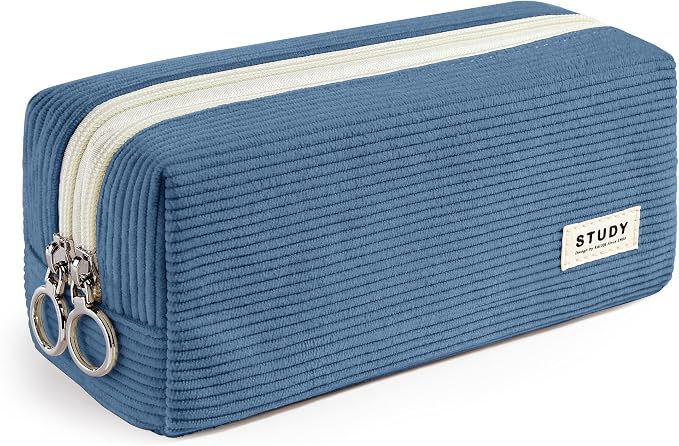 KALIDI Large Pencil Case Corduroy Pencil Pouch Box Cute School Supplies for Teen Girls Boys, Navy Blue