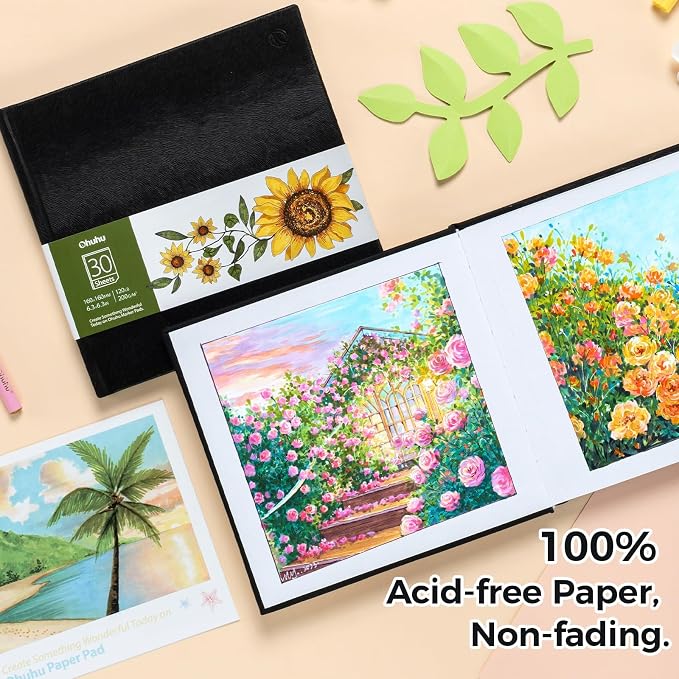 Ohuhu Marker Pads Art Sketchbook, 6.3"x6.3" Mini Square Size, 120 LB/200 GSM Heavy Smooth Drawing Papers, 30 Sheets/60 Pages, Hardcover Sketch Book, for Alcohol Marker Christmas Gift