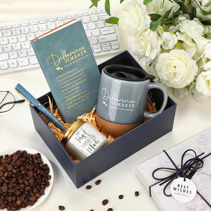 4 Pcs Difference Maker Gift Set Mug Notebook Candle Pen,Dark Blue,Word