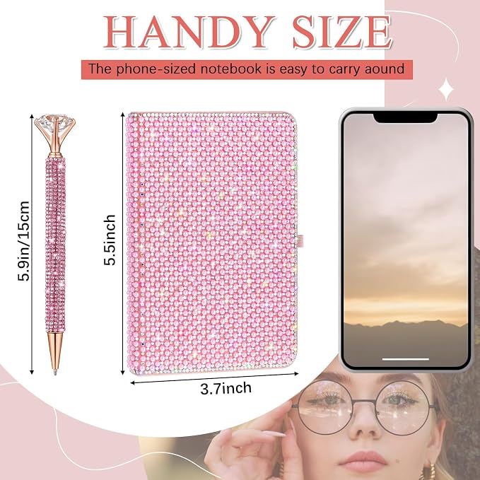 Rhinestone Pen & Glitter Notebook Set, Hard Cover Bling Diary Journal for Girls, Cute School Supplies for Back to School, Sparkly Desk Accessories Gift for Women(Pearl,A6,Pink)