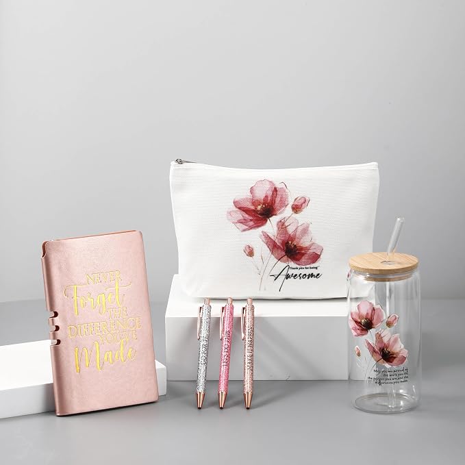 Funnymoom 6 Pcs Appreciation Gifts Set for Women Back to School Teacher Gifts Employee Thank You Gift with 17 oz Glass Tumbler Journal Pens and Pouch for Coworkers Educators,Floral,Pink