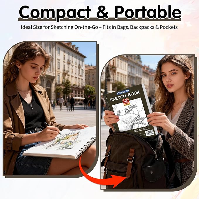 FIXSMITH 9"X12" Brown Sketch Book, 100 Sheets (68 lb/100gsm) Spiral Sketchbook, Acid Free Drawing Paper, Sketch Pad for Beginners,Artists & Professionals, Bright White
