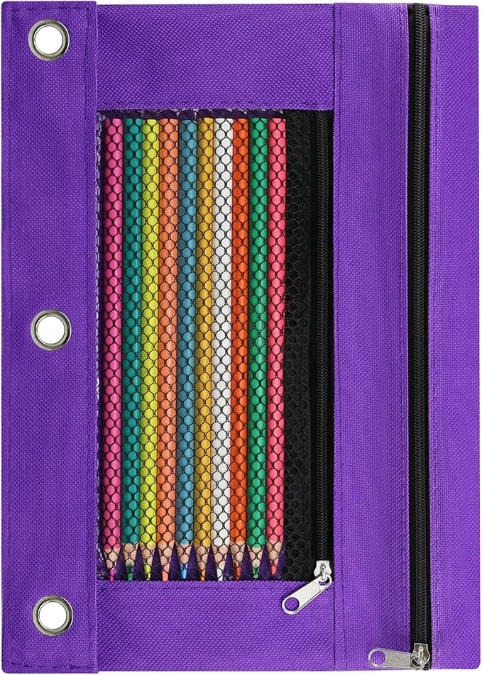 Pencil Pouch for 3 Ring Binder, Pencil Case with Zipper, 600D Fabric Pencil Pouch Bag Holder Accessories, Clear Window Pencil Case Aesthetic Back to School Organizer Pockets for Boy Girl (Purple)