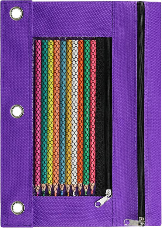 Pencil Pouch for 3 Ring Binder, Pencil Case with Zipper, 600D Fabric Pencil Pouch Bag Holder Accessories, Clear Window Pencil Case Aesthetic Back to School Organizer Pockets for Boy Girl (Purple)