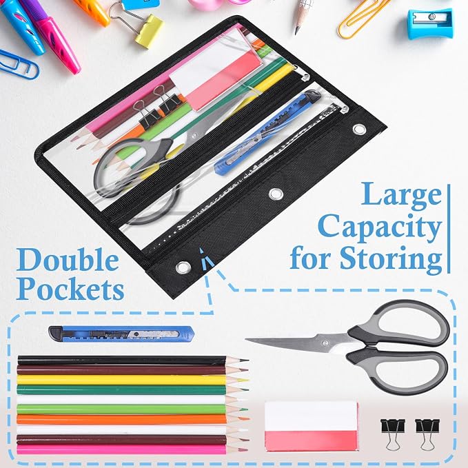 YoeeJob 6 Pack Zipper Pencil Pouches for 3 Ring Binder, 1.5 Inch Expandable with 2 Pockets and Clear Window for School and Office (Black)