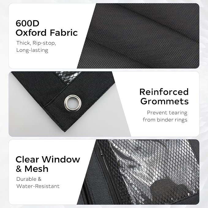 3 Ring Pencil Pouch for Binder, 2-Pocket Zipper Pencil Case with Clear Window & Mesh Pocket, 600D Oxford Fabric Binder Pouch for School Office Supplies, Fits Standard 3-Ring Binders, Black