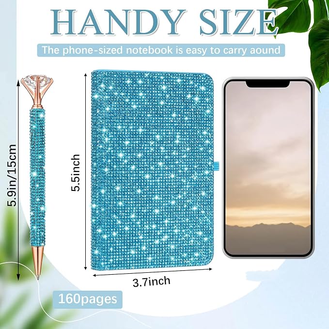 Resholder Rhinestone Pen & Glitter Notebook Set, Hard Cover Bling Diary Journal for Girls, Cute School Supplies for Back to School, Sparkly Desk Accessories Gift for Women(Rhinestone,A6,Blue)