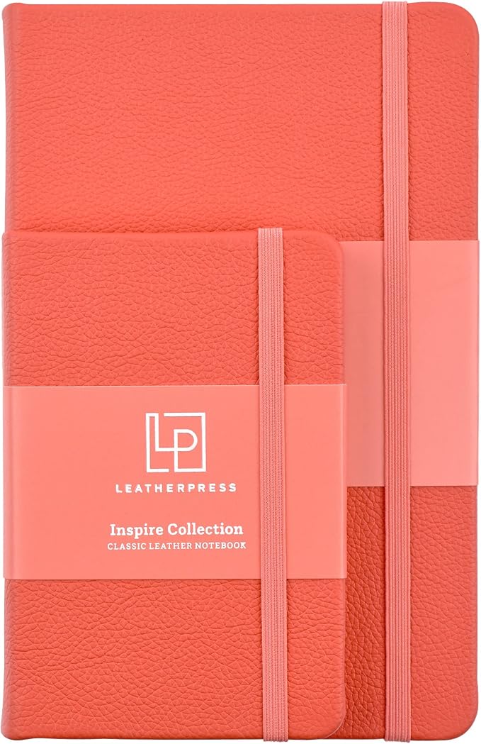 Leather Pocket Notebook, Writing Journal, Full-Grain Leather, Narrow Ruled Paper, Notebooks for Work & School, Coral Red (5.7" x 3.8”)