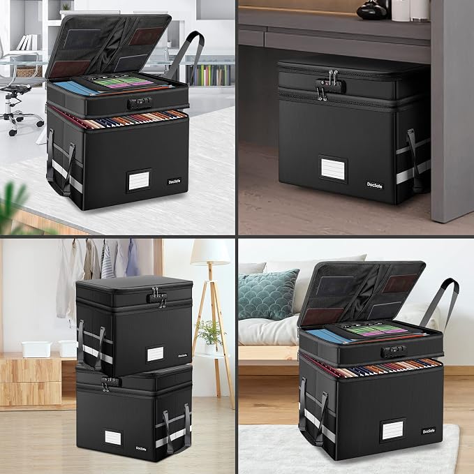 DocSafe File Box with Lock,Multi-Layer Fireproof Document Box Collapsible File Storage Organizer with Pockets/Handle,Large Portable Home Office Filing Safe for Hanging Letter/Legal Size Folders,Black