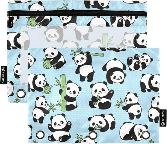 ALAZA Pencil Pouch for 3 Ring Binder, Panda Bamboo Cute Binder Pencil Pouches with Clear Window Zipper Pencil Case Cosmetic Bags for Office College Supplies, 2PCS