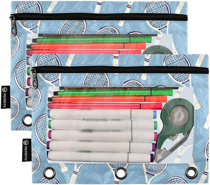 ALAZA Tennis Racket Blue Pencil Pouch for 3 Ring Binder 2 Pack Zipper Binder Pencil Bag Case with Clear Window Office Supplies