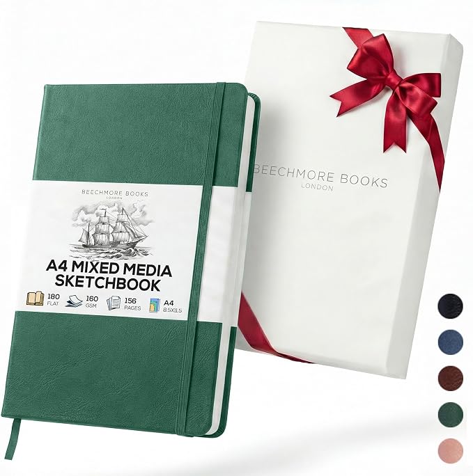 Beechmore Books A4 Sketchbook – 8.5x11 Premium Vegan Leather Bound Large Sketch Book Hardcover with 156 Thick 160gsm Perforated Ivory Pages, Blank Sketch Pad, Gift Boxed, Back Pocket, Ribbon Bookmark