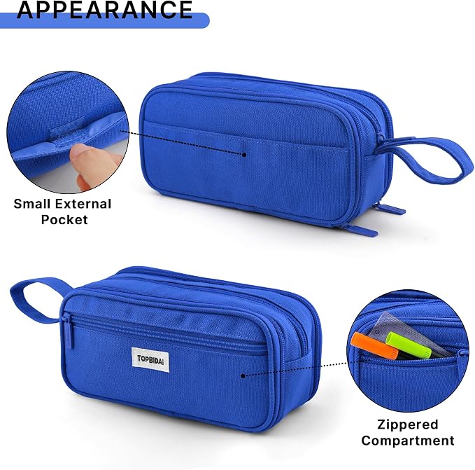 TOPBIDAI Large Pencil Case Pouch for Girls Boy Women Men Adults | Big Capacity Canvas Pencil Bag, Office School Supplies, Multi Compartment Zipper Stationery Pen Box (Dark Blue)