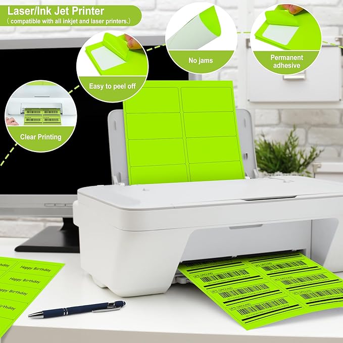 L LIKED 300 Fluorescent Green Labels, 2"X4" Neon Colored Labels Handwritten or Inkjet/Laser Print for Shipping Envelopes & Small Packages - 30 Sheets
