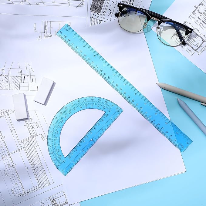Zonon 2 Pcs 12 Inch Clear Ruler and 6 Inch Plastic Protractor Set, Dual Scale Inch/Cm Math Geometry Measuring Tools for Back to School Students Teachers Classroom Office Drafting Use(Blue)