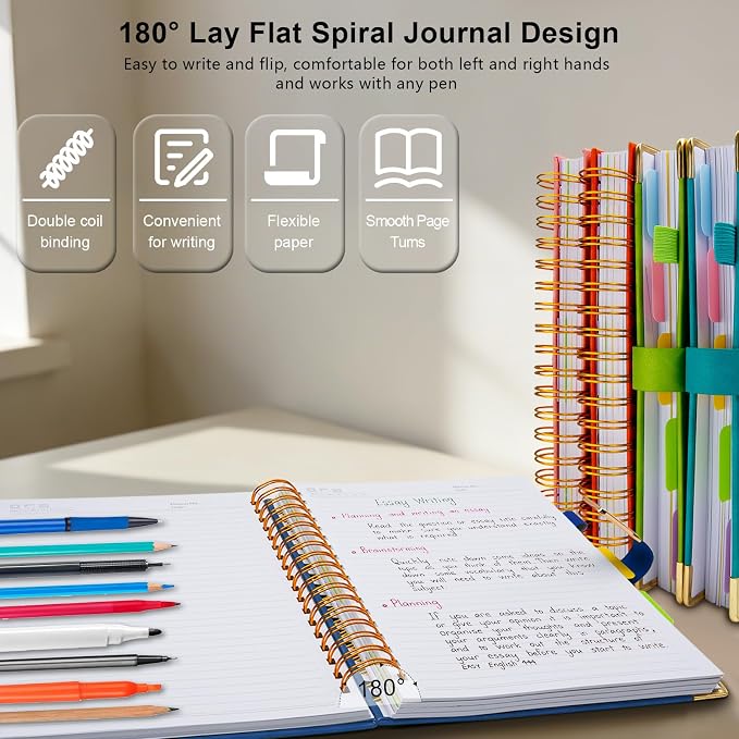 Hardcover Spiral Notebook College Ruled, 8.5"x11" Leather Journal Notebook with Magnetic Closure, 300 Pages 5 Subject Notebook with Dividers Tabs Journal for Women Men, Work, School(Dark Blue)