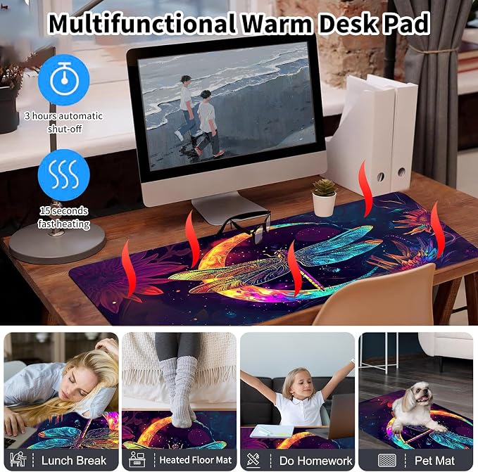 Warm Desk Pad,Heated Desk Pad,Office Mat,3 Heating Levels & 3 Hours Auto Shut-Off,31.5"*13" Gaming Mouse Laptop Keyboard Leather Desk Mat,Glitter Dragonfly Moon