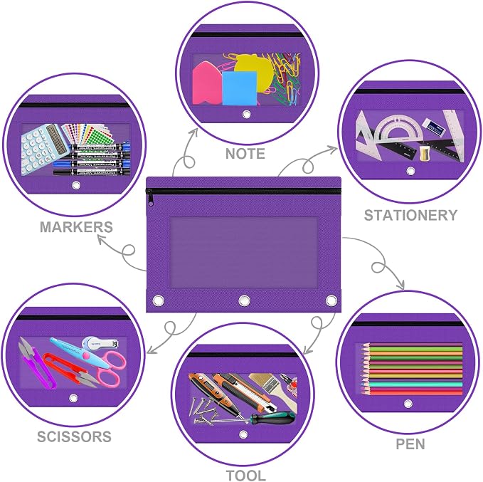 Pencil Pouch for 3 Ring Binder, 2 Pack Pencil Bags with Zipper, Purple Pencil Case for Classroom School Office Supplies, Large Sturdy and Durable Cloth Pencil Pocket for 3 Holder Binder