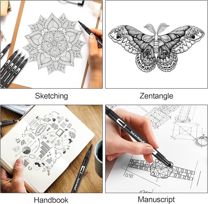 Qianyu 12 Pack Drawing Pens Black Felt Tip Markers Dual Brush Fineliners Pens Fine Calligraphy Brush Pens For Beginners Art Sketching Writing Hand Lettering Scrapbooking Journaling