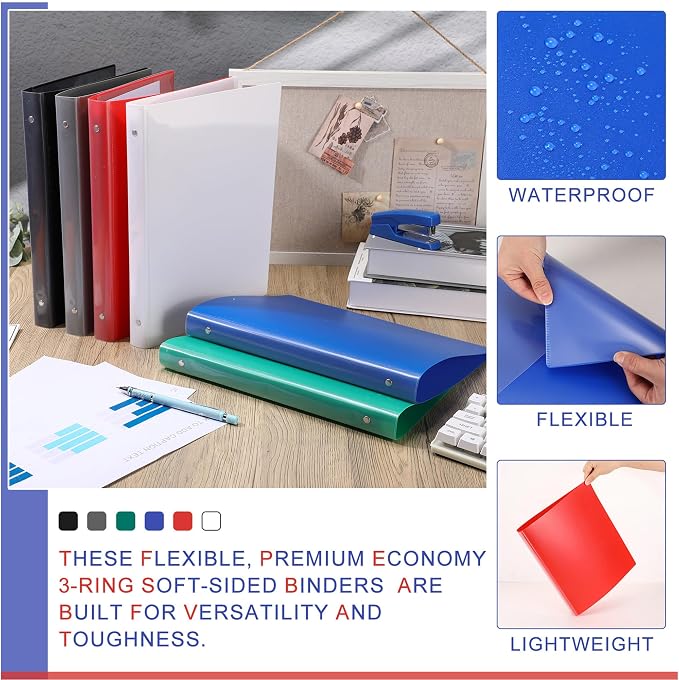 Fulmoon 6 Pack Plastic 3 Ring Binder Assorted Colors Economy Flexible Round Ring Presentation Binders with Pocket for Office School Meeting(1 Inch,Classic Colors)