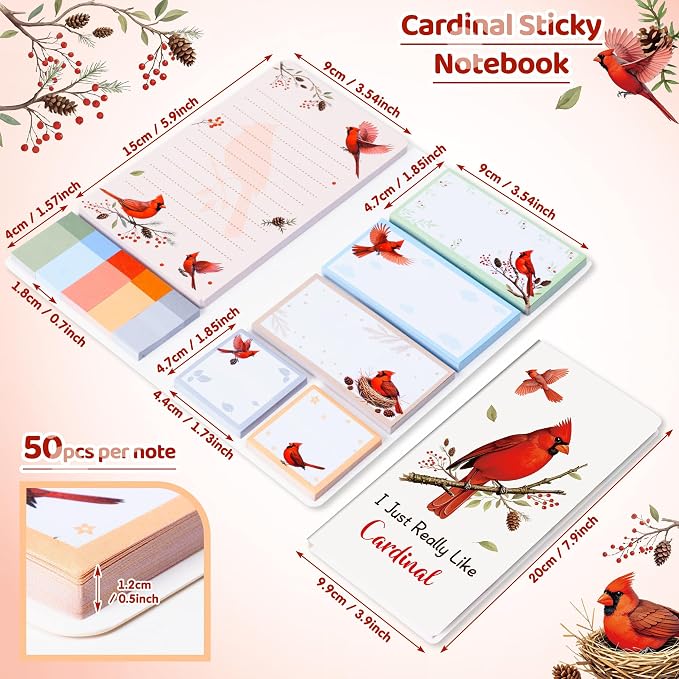B1ykin Sticky Notes Set - 550 Sheets Memo Writing Pad Cardinal Design | Self-Stick Notes Pages, Teacher Appreciation Gift, School Office Supplies, I Just Really Like Cardinal Design