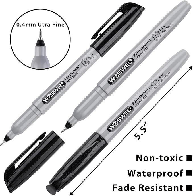 WOSWEL Ultra Fine Permanent Marker Bulk,24 Pack Ultra Fine Point Black Permanent Marker set, Felt Tip Pens Works on Plastic, Wood, Stone, Metal and Glass for Doodling, Marking
