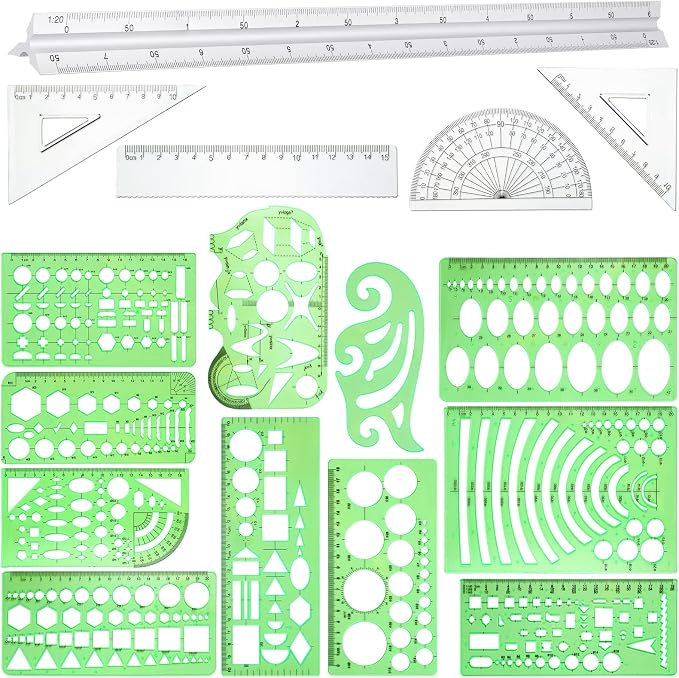 Zonon 16 Pcs Geometric Drawing Templates Kit, Drafting Stencils Measuring Rulers 12 Inch Aluminum Architect Scale Building Geometric Plastic Ruler for Design School Studying Office Building