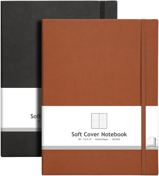 AHGXG Dotted Journal Notebook, 384 Pages, 120GSM, B5 (7.6'' × 10'') | 2 Pack, Leather Hardcover, for Journaling, Planning, Tracking (BlackBrown)
