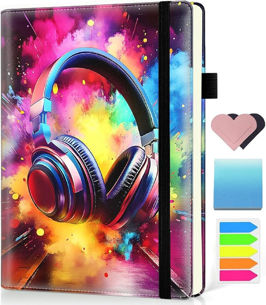 Hardcover Executive Notebooks, A5 PU Leather Lined Journal Notebook, 200 Pages Thick Paper Subject Notebooks for School,Work,Home Writing Business Notebook, Diary Book ，Headphones Music