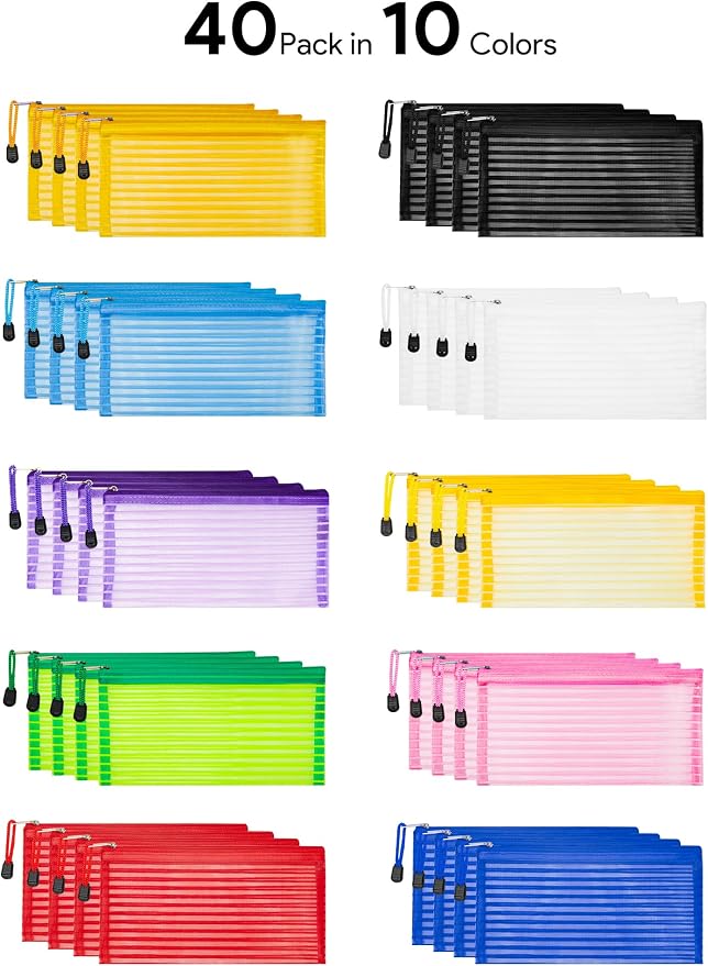 JARLINK Zipper Mesh Pouch, 40 Pcs multi-use Pencil Bags in 10 Colors | Multipurpose Pencil Pouch Bulk for School, Office Supplies, Cosmetics, Makeup&Travel Accessories, Solid Color