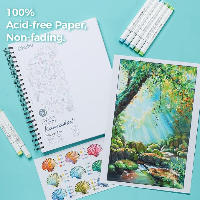Ohuhu 9"x12" Double-Sided Bleedproof Marker Pad Art Sketchbook 50 Sheets | Large Sketch Book - 160 LB/280 GSM Smooth Drawing Paper - 50 Sheets/100 Pages - Spiral-Bound Sketch Pad for Alcohol Markers