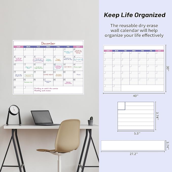 Large Dry Erase Calendar for Wall - Undated 1 Month Wall Calendar, 40" x 30", Erasable & Reusable Laminated Calendar with 8 Round Stickers, Great Layout Wall Calendar Dry Erase for Home, Office and School