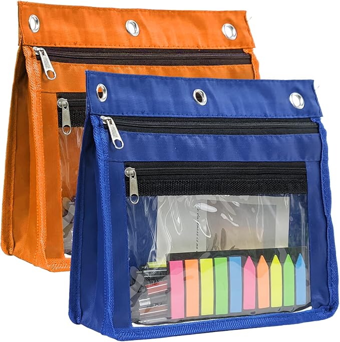 YoeeJob 2 Pack 1 Inch Expandable Zipper Pencil Pouches with Clear Window for 3 Ring Binder, Suitable for School & Office (Orange+Blue)