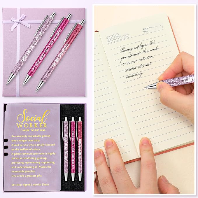 Resurhang 5 Pcs School Social Worker Must Haves Office Supplies Gift Leather Journal Notebook 3 Ballpoint Pens with Box Thank You Social Work Appreciation Gift for BSW MSW DSW(Purple)