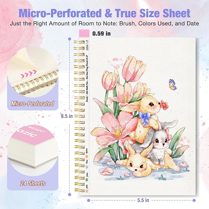 Creazic Watercolor Paper Pad, 5.5"x8.5" 140lb/300g Cold Press Watercolor Sketchbook, 24 Sheets Spiral Bound with Perforated Pages, Acid-Free Portable Drawing Pad for Travel, Practice & Small Projects