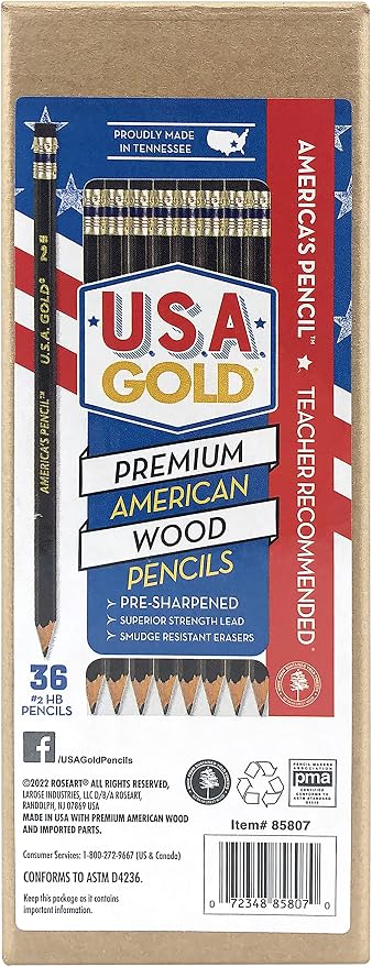 RoseArt U.S.A. Gold Pre-Sharpened American Wood Cased #2 HB Black Pencils, 36 Pack