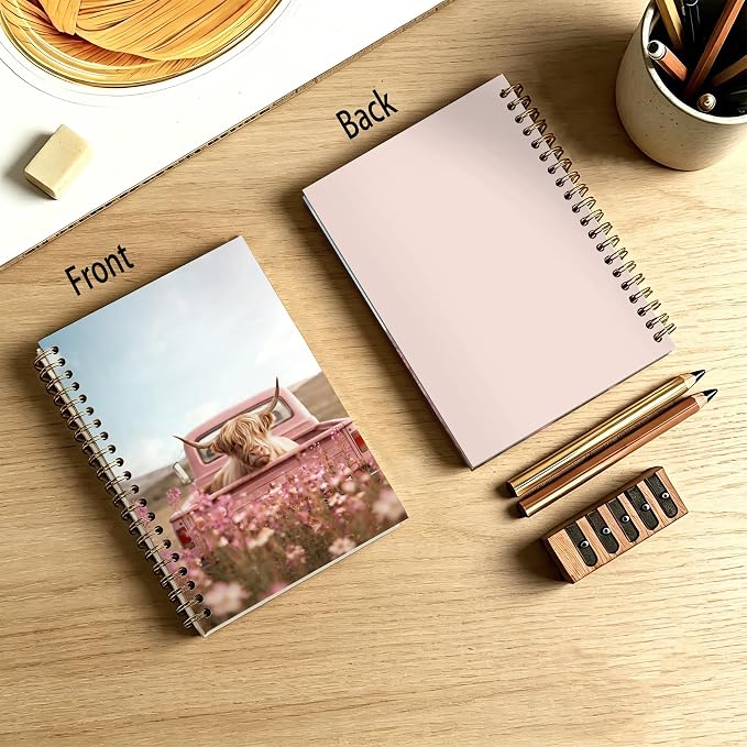 Pink Floral Highland Cow Journal Notebook 5.5x8.3, Farmhouse Pink Truck Highland Cow Journal, Cows Gifts for Women, Countryside Aesthetic Notebooks for Work