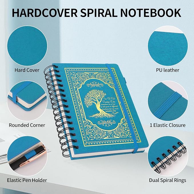 A5 Hardcover Spiral Notebook Tree of Life Journal Daily Journals for Writing Travel Notebooks Journal for Women Men 80GSM Paper Leather Spiral Journal,5.7"x8.3"（Spiral Tree -Light Blue)