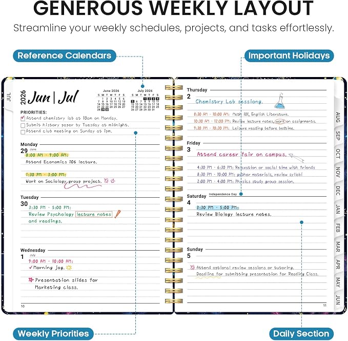 Planner 2026–2027, Academic Monthly Weekly Spiral Calendar, July 2026 – June 2027, Hardcover Agenda Notebook with Tabs, 6.3" x 8.5", Perfect for Students, Teachers, School & Daily Planning - Galactic Swirl