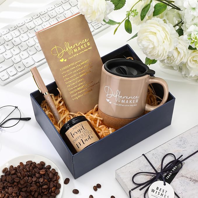 Vesici 4 Pcs Difference Maker Gift Set Mug Notebook Candle Pen,Brown,Word