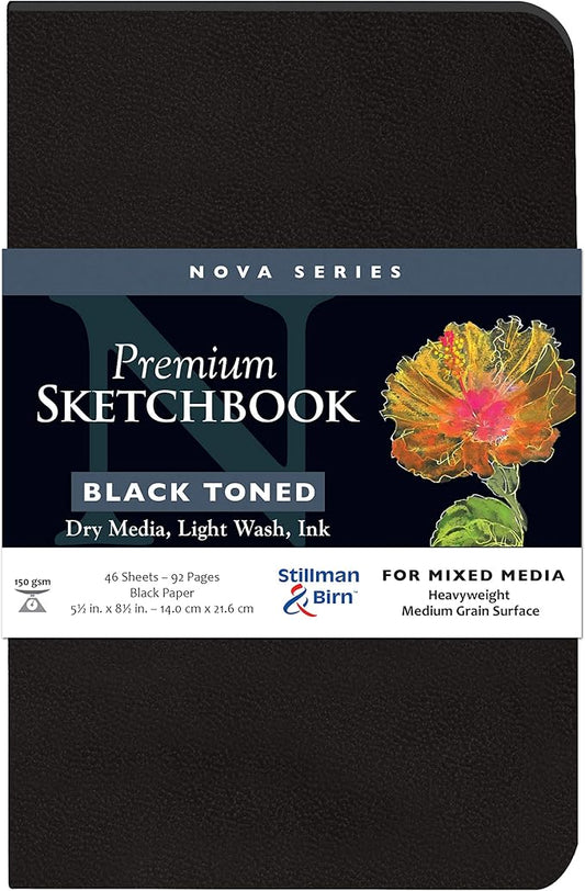 Stillman & Birn Nova Series Black Softcover Sketchbook, 5.5" x 8.5", 150 GSM (Heavyweight), Black Paper, Medium Grain Surface