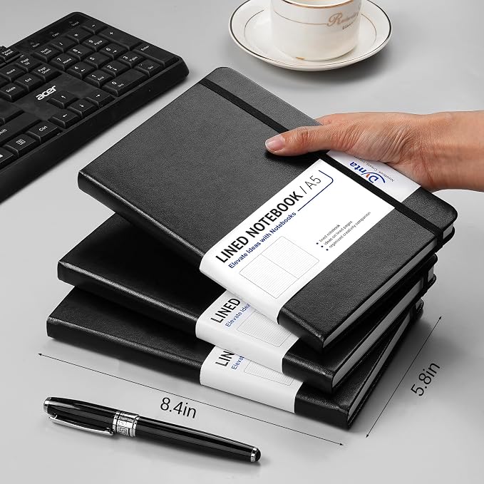 A5 Lined Journal 6 Pack - Black PU Leather Hardcover Notebook, 100gsm Thick Paper, 200 Pages (100 Sheets), Office Work Business Notebook with Table of Contents & Back Pocket for Meetings & Teams