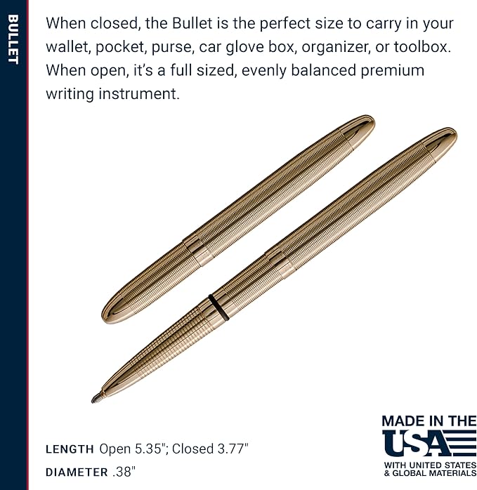 Fisher Space Pen Lacquered Brass Bullet Pen, Pressurized Ballpoint Pen, Compact Size, Writes Upside Down and in Extreme Temperatures, Smooth Black Ink, Medium Point, Gift Box, Made in the USA