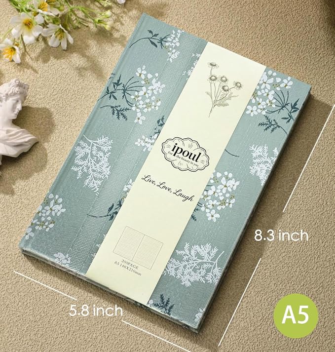 Floral Hardcover Notebook, Flower Journal for women, A5, 200 Pages, 6x8 Medium Lined Notebook, Floret Printed Fabric Cloth, Similar Embroidered Linen, Garden Journal, Green.