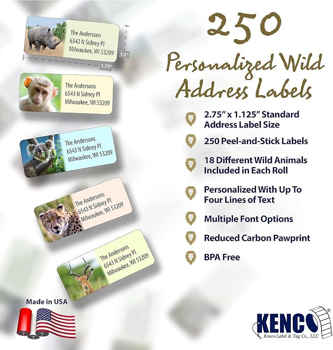 Customized Personalized Address Labels - Made in the USA by Kenco (Wild Animals, 250 Labels)
