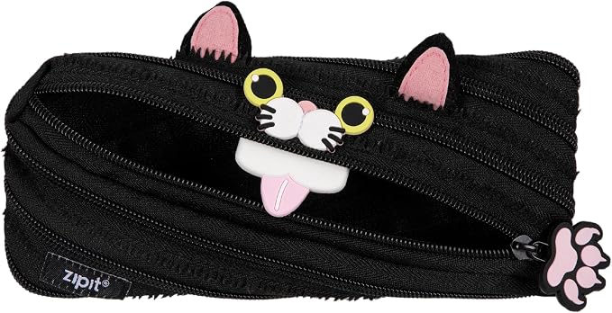 ZIPIT Cat Pencil Case for Girls, Cute Zipper Pouch for Kids Teens, Stationery Bag for School,Black
